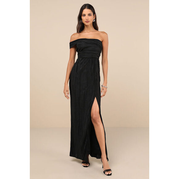 Lulus Poised Performance Black Plisse One-shoulder Maxi Dress - Size S - Picture 1 of 2